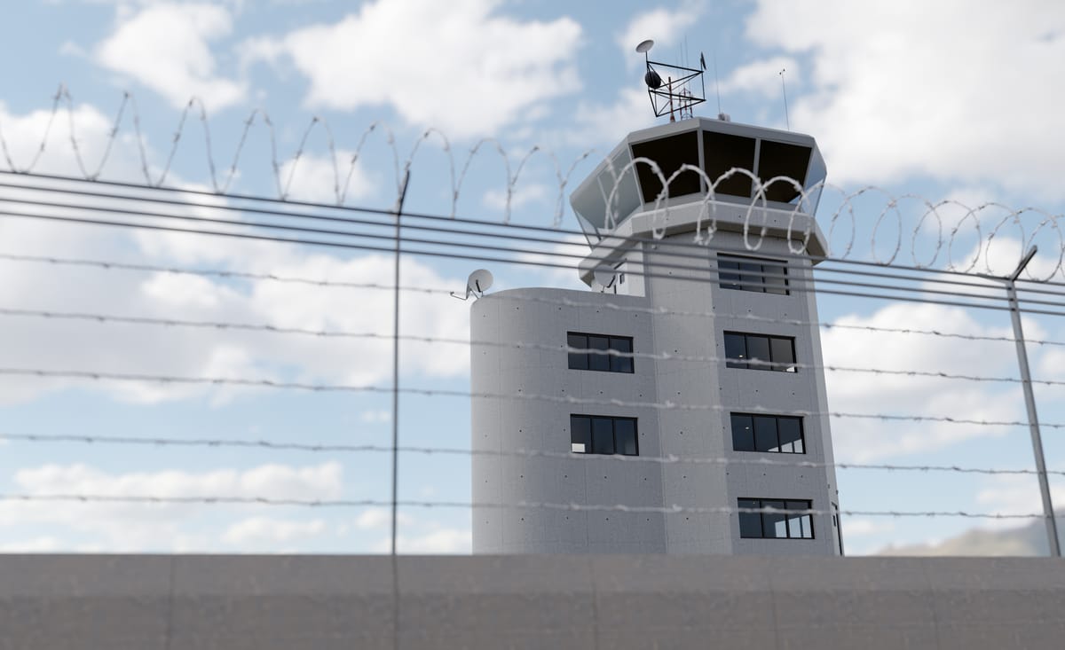 Security fence and air-traffic control tower, symbolising vigilance when reviewing SaaS contracts before renewal.